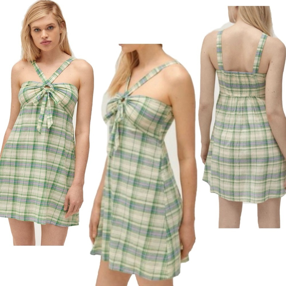 Urban Outfitters Y-Neck Twist-front Plaid Check Mini Dress thin straps M NWOT